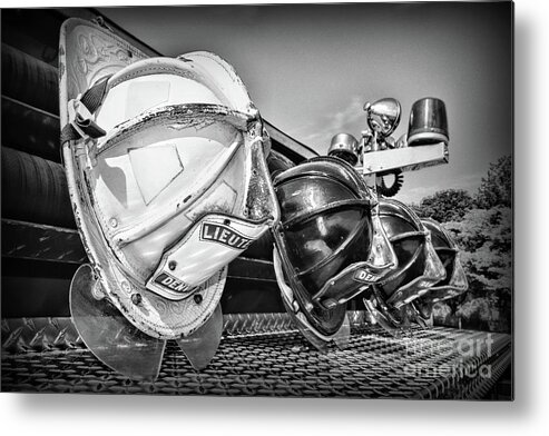 Paul Ward Metal Print featuring the photograph Fireman-Vintage Fire Helmet in black and white by Paul Ward
