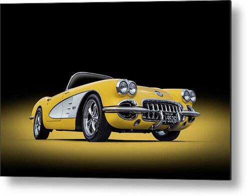Corvette Metal Print featuring the digital art 1960 Yellow and White Corvette Convertible by Douglas Pittman