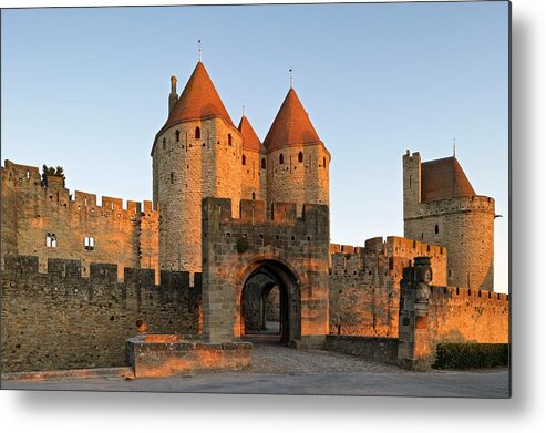 Carcassonne Metal Print featuring the photograph First light hits Narbonne Gate by Stephen Taylor