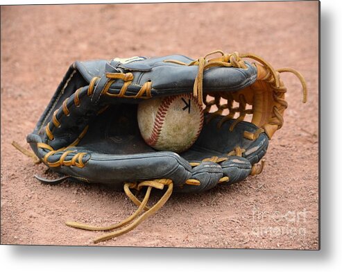 Baseball Mitt And Baseball Metal Print featuring the photograph First Love 3 by Leah McPhail