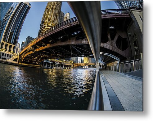 Marina Towers Metal Print featuring the photograph Fisheye view from The Chicago Riverwalk by Sven Brogren