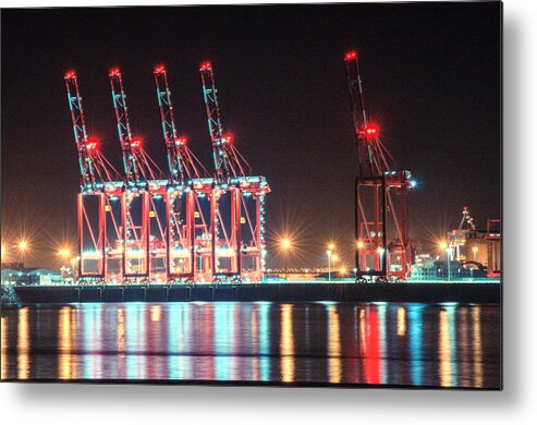 Beach Metal Print featuring the photograph five cranes at Port of Liverpool by Spikey Mouse Photography