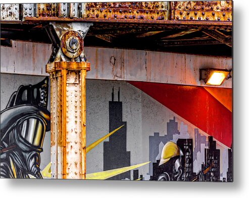 #chicago #architecture #downtown #abstract #design #art #photography #design #abstractarchitecturalphotography #firefighters #fireman Metal Print featuring the photograph FlairMax Industries Sponsors 2010 Chicago Fireman Mural v5 DSC_0613 by Raymond Kunst