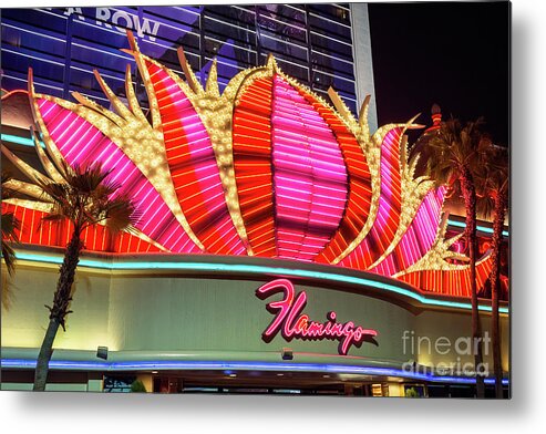 The Flamingo Neon Sign Metal Print featuring the photograph Flamingo Center Neon Sign at Night by Aloha Art