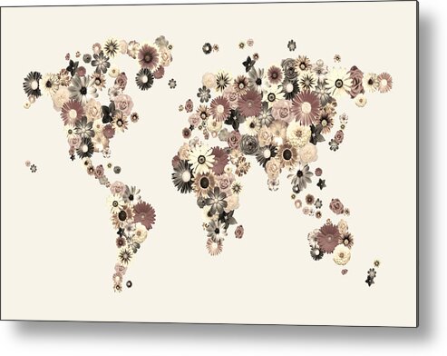 World Map Metal Print featuring the digital art Flower World Map Sepia by Michael Tompsett