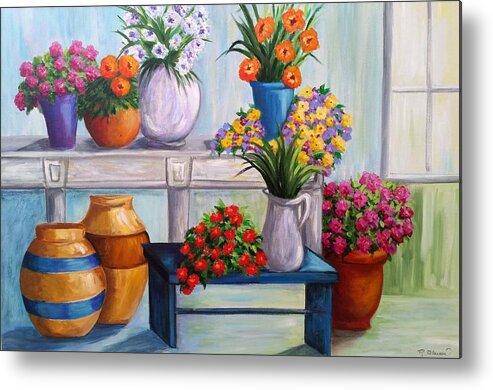 Floral Metal Print featuring the painting Flowerpots by Rosie Sherman