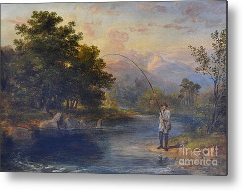 James William Giles Rsa (1801-1870) Fly Fishing In Scotland 1858 Metal Print featuring the painting Fly Fishing in Scotland by MotionAge Designs