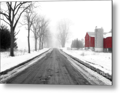 Landscape Metal Print featuring the photograph Foggy Red Barn by Cathy Beharriell