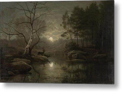 Forest Landscape In The Moonlight Metal Print featuring the painting Forest Landscape in the Moonlight by MotionAge Designs