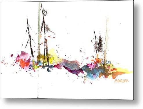 Watercolor Abstract Trees Forest Yellow Red Orange Black Watercolor Painting Metal Print featuring the painting Forest Whimsey by Marsha Woods