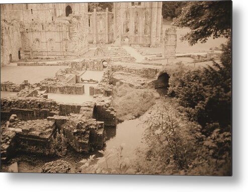 Fountains Fountain Abbey England Sepia Old Medieval Middle Ages Church Monastery Nun Nuns Architecture York Yorkshire Monasteries Aldfield Ruins Saint Century Black Death Claustral Building Cistercian Granges Cathedral Cloister Feudal Metal Print featuring the photograph Fountains Abbey #58 by Raymond Magnani