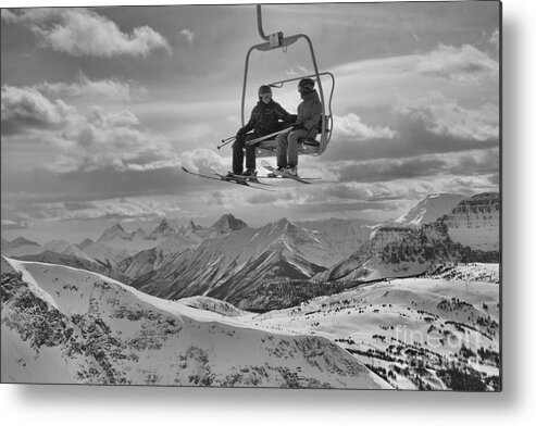 Skiers Metal Print featuring the photograph Friends In The Sunshine Village Skies Black And White by Adam Jewell