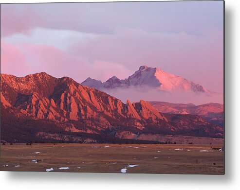 Flatirons Metal Print featuring the photograph Front Range Sunrise - The Flatirons and Longs Peak by Aaron Spong