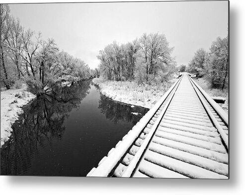 Fine Art Black And White Photography. Black And White Snow Photography.black And White Greeting Cards. Black And White Train Tracks Greeting Cards. Train Tracks In The Snow.black And White Infrared Photography. Black And White Photography. Metal Print featuring the photograph Frosty Morning On The Poudre by James Steele