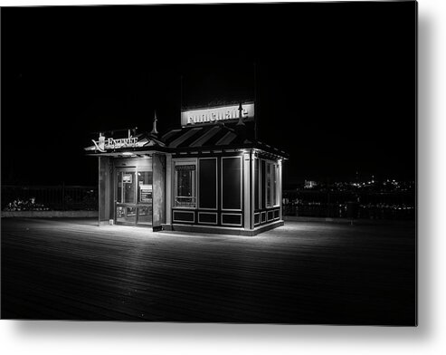 B&w Metal Print featuring the photograph Funicular ticket booth at night in black and white by Karen Foley