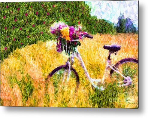 Bicycle Metal Print featuring the painting Garden Bicycle Print by Tina LeCour