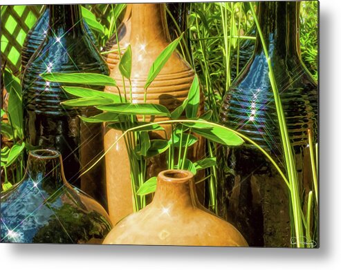 Pottery Metal Print featuring the photograph Garden Pottery Jugs by Dee Browning