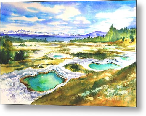Nature Metal Print featuring the painting Geyser Basin, Yellowstone by Betty M M Wong