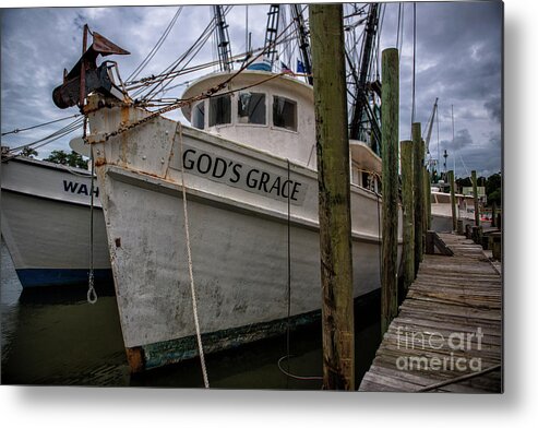 God's Grace Metal Print featuring the photograph God's Grace Shrimp Boat Docked in McCellanville SC by Dale Powell