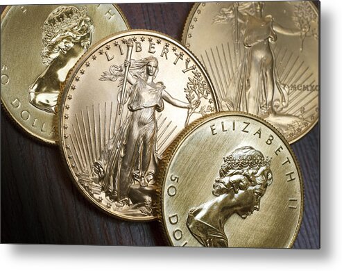 Bank Metal Print featuring the photograph Golden Coins by Joe Carini - Printscapes