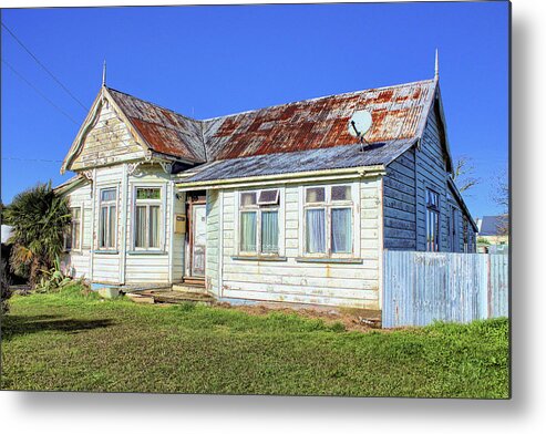 #newzealand #rustic #country #front #old #exterior #estate #door #bungalow #wooden #wood #corrugatediron #roof #tin #home #building #window #architecture #family #house #fence #grass Metal Print featuring the photograph Grand Old House by Stuart Clifford
