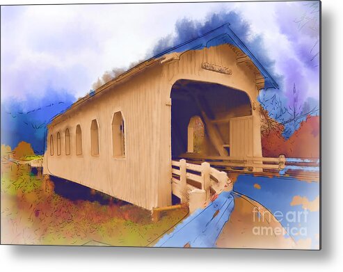 Covered-bridge Metal Print featuring the digital art Grave Creek Covered Bridge In Watercolor by Kirt Tisdale