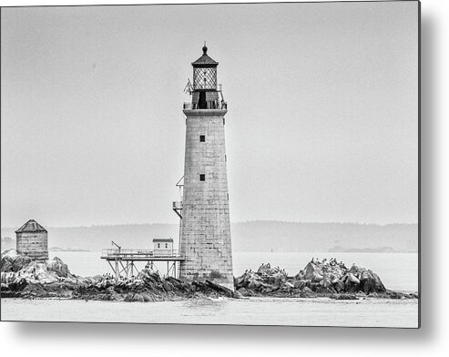 Black And White Metal Print featuring the photograph Graves Lighthouse- Boston, MA - Black and White by Peter Ciro