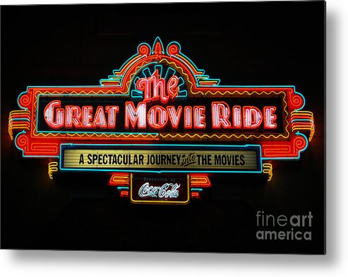 Travelpixpro Metal Print featuring the photograph Great Movie Ride Neon Sign Hollywood Studios Walt Disney World Prints by Shawn O'Brien