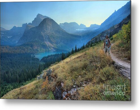 Grinnell Metal Print featuring the photograph Grinnell Glacier Trail Hiker by Adam Jewell