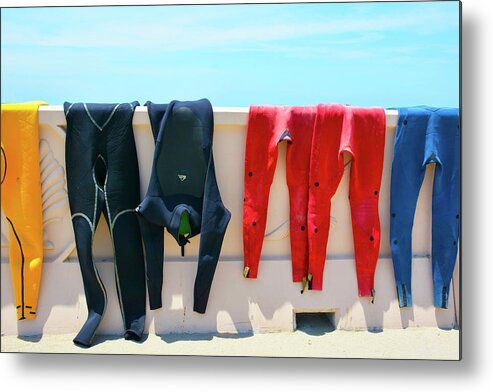 Wetsuits Surfer Colorful Beach Wall Sea Blue Sky Red Yellow Sport Water Ocean Waves Human Form Metal Print featuring the photograph Hang Ten by Jennifer Wright