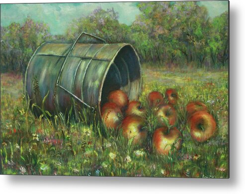 Luczay Metal Print featuring the painting Harvest with red apples by Katalin Luczay