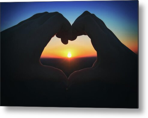 Heart Shaped Hand Silhouette Metal Print featuring the photograph Heart Shaped Hand Silhouette - Sunset at Lapham Peak - Wisconsin by Jennifer Rondinelli Reilly - Fine Art Photography