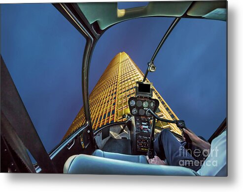 Hong Kong Metal Print featuring the photograph Helicopter on skyscaper facade by Benny Marty