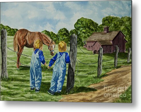 Country Kids Art Metal Print featuring the painting Here Horsey Horsey by Charlotte Blanchard