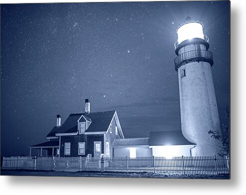 Highland Metal Print featuring the photograph Highland Lighthouse Truro MA Cape Cod monochrome blue nights by Toby McGuire