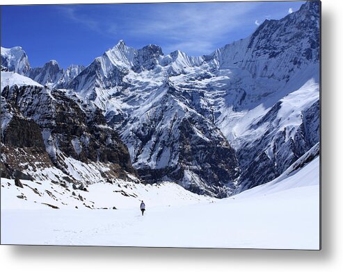 Nepal Metal Print featuring the photograph Hiker In Mountain Landscape by Aidan Moran