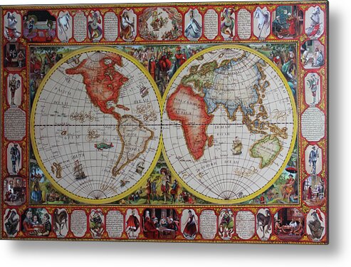 Chess Antique Map Metal Print featuring the painting History of chess world map painted on leatheder by Vali Irina Ciobanu