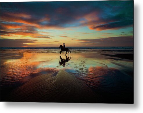 Horse Metal Print featuring the photograph Horse Rider reflections at Widemouth Beach by Maggie Mccall