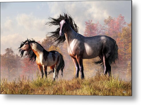 Horses In Fall Metal Print featuring the digital art Horses in Fall by Daniel Eskridge