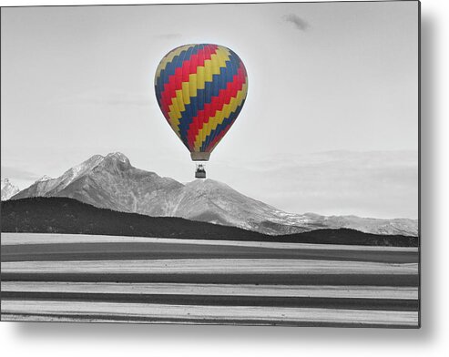 'hot Air Balloon' Metal Print featuring the photograph Hot Air Balloon and Longs Peak - Black White and Color by James BO Insogna