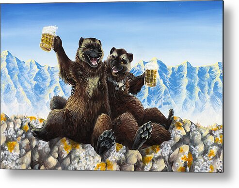 Wolverine Gulo Mountains Beer Drinking Stein Friends Friendship Nature Anthropomorphic Cartoon Animals Wildlife Metal Print featuring the painting I Love You Man by Beth Davies