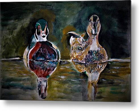Bird Metal Print featuring the painting In a walk by Khalid Saeed