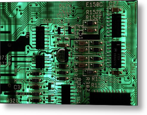 Circuit Board Metal Print featuring the photograph Integrated circuit board from a computer by Sami Sarkis