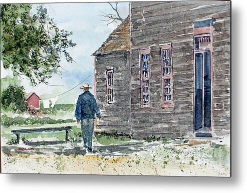 A Man Walks Through His Front Yard Next To His Weathered Sided House. A Couple Of Items Of Today's Wash Hang On A Clothes Line In The Distance. Metal Print featuring the painting It Must Be Monday by Monte Toon