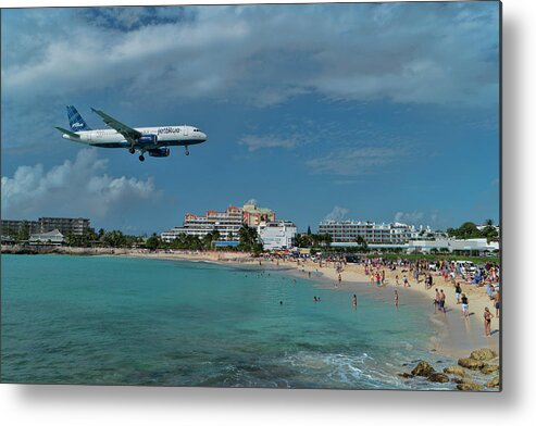 Jetblue Metal Print featuring the photograph jetBlue landing at SXM airport. by David Gleeson