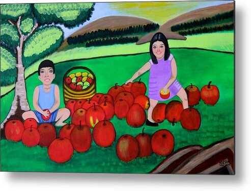 All Apparels Metal Print featuring the painting Kids Playing and Picking Apples by Lorna Maza