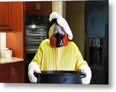 Burning Metal Print featuring the photograph Kitchen disaster with HazMat suit by Karen Foley