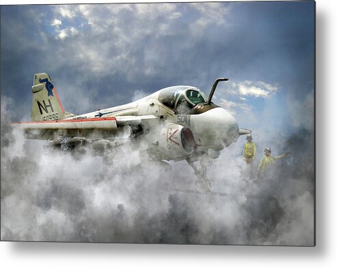 A Grumman A6 Intruder From Va-52 The 'knight Riders Ready For Launch From The Uss Kitty Hawk Metal Print featuring the digital art Knight Riders by Airpower Art