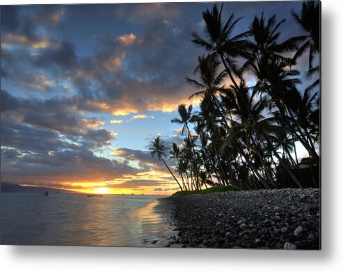 Lahaina Maui Hawaii Palmtrees Ebb Flow Beach Sunset Clouds Boats Metal Print featuring the photograph Lahaina Sunset by James Roemmling