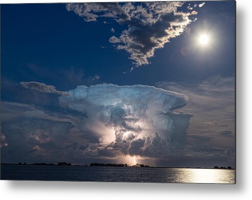 Storm Metal Print featuring the photograph Lightning Striking Thunderstorm Cell and Full Moon by James BO Insogna